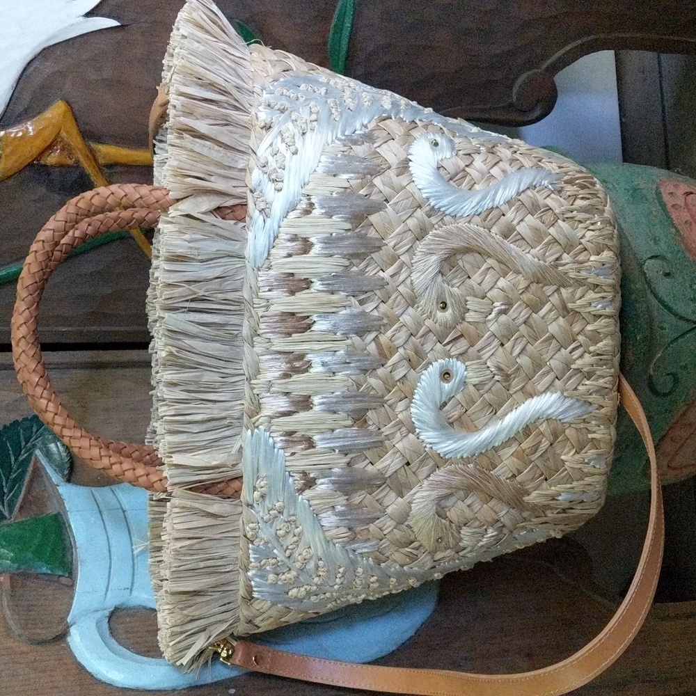 RARE EUC Anthropologie by Aranaz Flamingo Straw Crossbody Tote w Leather Handle